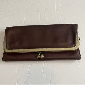 HOBO Kisslock Trifold Wallet Brown Leather